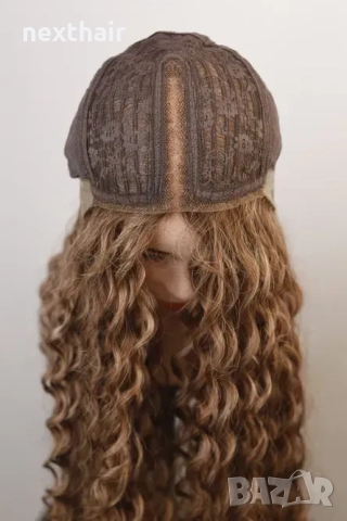 Омбре къдрици 80 см - кафява перука с реалистичен път 13x4x1, снимка 5 - Аксесоари за коса - 52662325