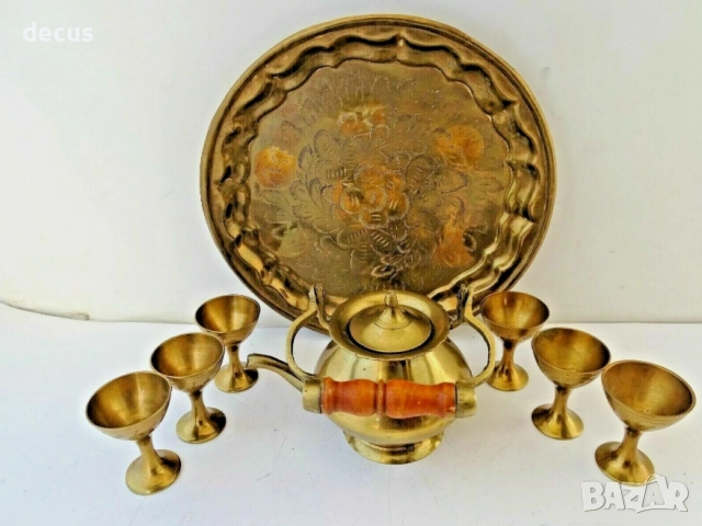 Комплект от античен бронз и месинг - чаши, чайник и поднос