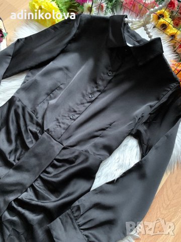 Черна сатенена рокля тип риза, снимка 2 - Рокли - 43034737