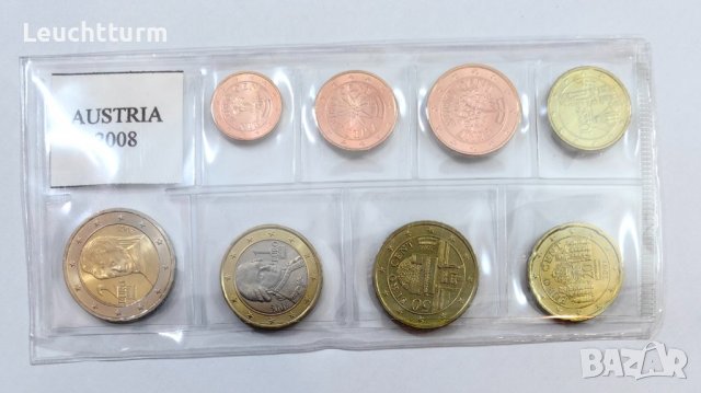 Пълен сет евромонети Австрия 2008 г.  от 1 цент до 2 евро