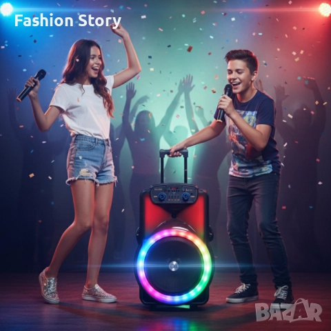 Караоке тонколона 12" BT-1218 с Bluetooth, цветомузика и 2 безжични микрофона – 2000W мощност за ист, снимка 3 - Тонколони - 51934379