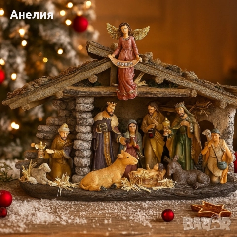Коледна ясла „Рождество“ – завършена празнична сцена с фигури и ангел „GLORIA“, снимка 2 - Декорация за дома - 52041717