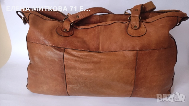 Pieces маркова пътна чанта от естествена кожа цвят коняк, снимка 2 - Чанти - 52324709