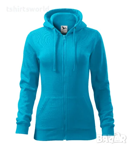 Нов дамски суичър с ЦИП и качулка в тюркоазено син цвят