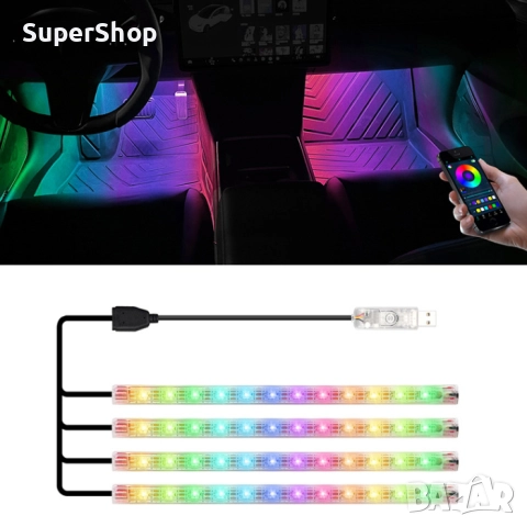 RGB LED Диодна лента за автомобил 4бр  управление от телефон ленти USB, снимка 3 - Аксесоари и консумативи - 52120892