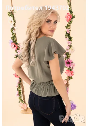 Дамска блуза с къс ръкав в цвят каки Etiar, снимка 4 - Корсети, бюстиета, топове - 48045436