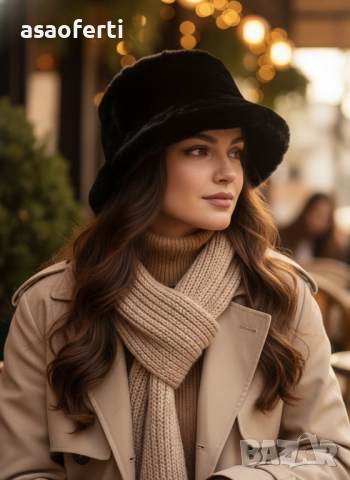 🖤 Елегантна Плюшена Шапка (Bucket Hat) – Черна, Топла и Модна (Есен/Зима)