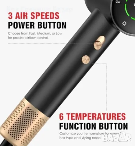 Нов Мощен Сешоар с Дифузер 110000RPM, 200М Йони, LCD, 1600W, 3 скорости, снимка 6 - Сешоари - 50184866