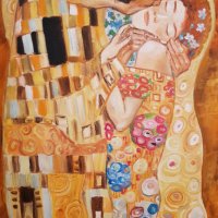 "Целувката" Густав Климт– Масло, Платно, Подпис, 80см/60см, 1969г, снимка 2 - Картини - 36623723