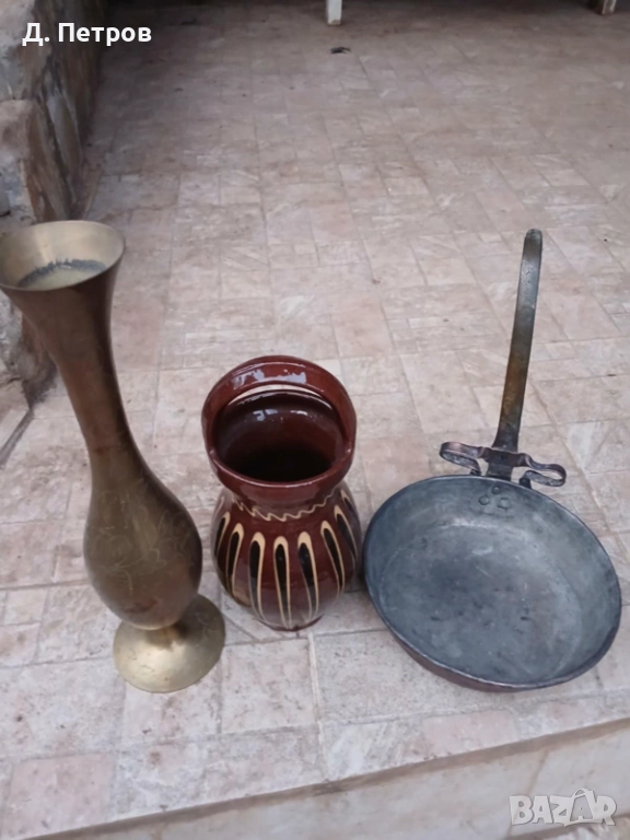 Стар меден тиган и месингова ваза, снимка 1