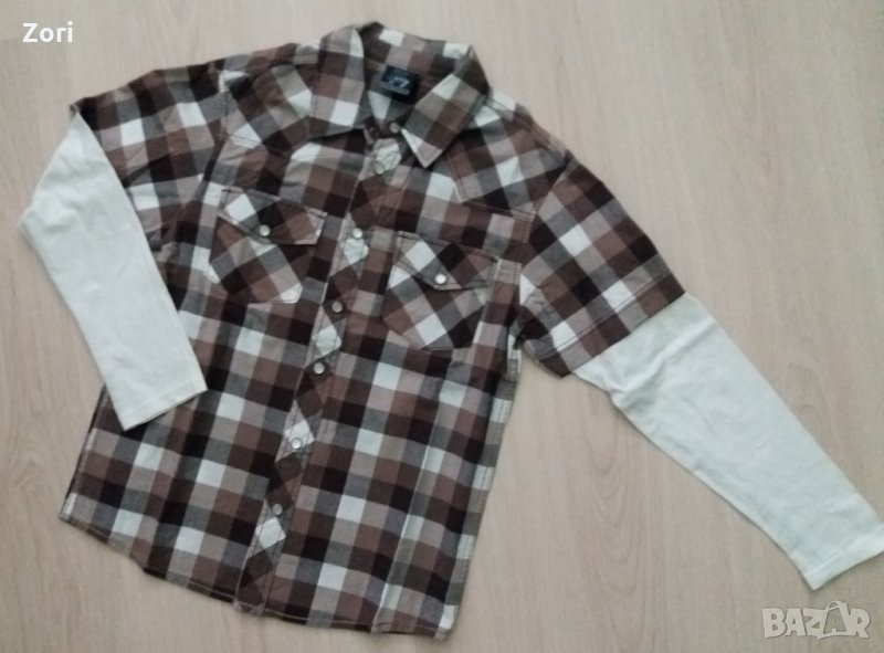 Риза в бяло-сиво-бежово каре и бели ръкави, снимка 1