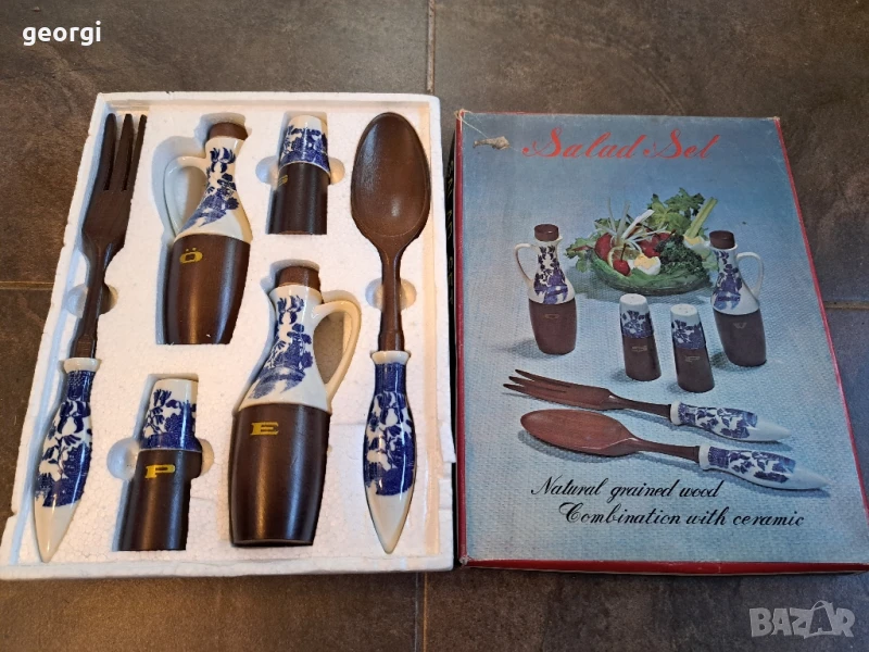 комплект прибори за сервиране дърво с порцелан    26/3, снимка 1