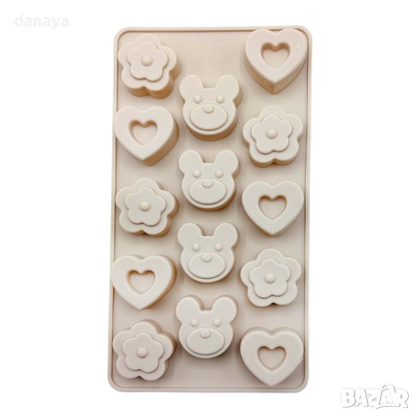 4381 Силиконова форма за бонбони с релеф Сърца Мечета Цветя, снимка 1