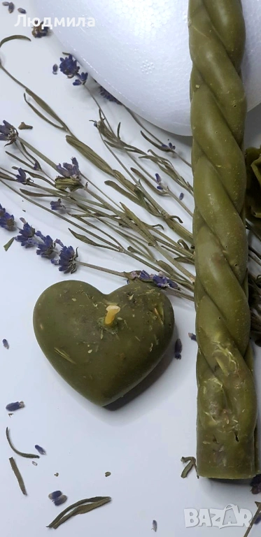 ​САКРАЛНИ СВЕЩИ С ЛАВАНДУЛА, БЯЛ РАВНЕЦ И ПАРИЧКИ — ЦВЯТ ХАКИ, снимка 1