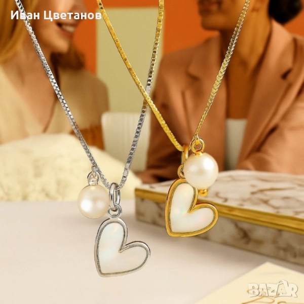 Нежно колие със сърце и перла/ устойчив метал, снимка 1