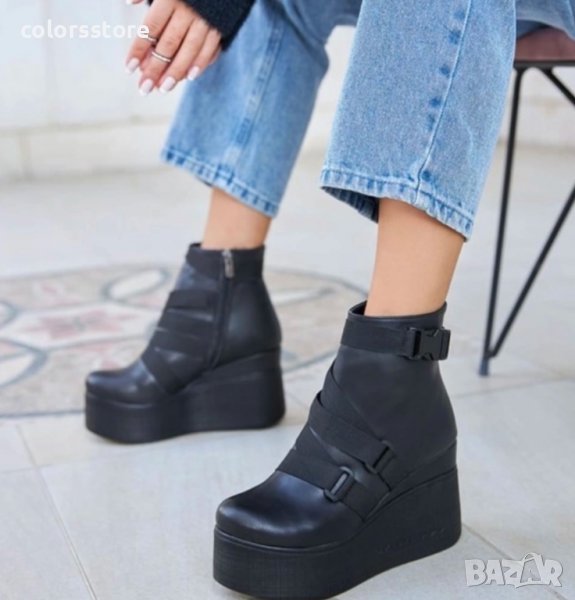 Боти на платформа - черна кожа - 135K, снимка 1