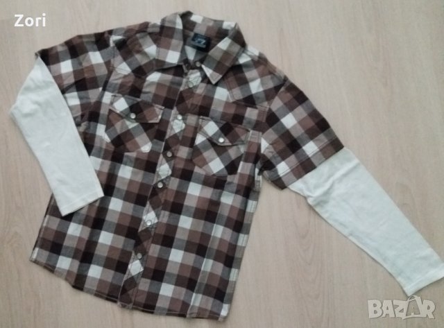 Риза в бяло-сиво-бежово каре и бели ръкави, снимка 1