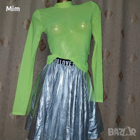 S К- т Неоново зелена, прозрачна блуза от тюл и сребриста пола, снимка 2 - Поли - 43579685