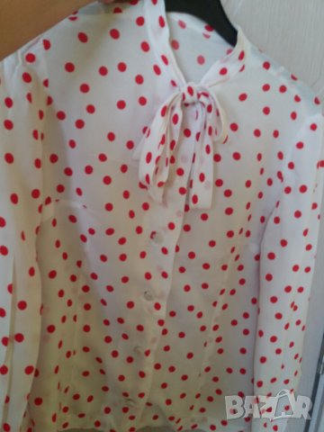 Тънка риза коприна бяла на червени точки с панделка, снимка 5 - Ризи - 33345899