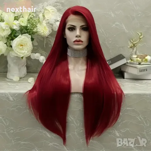 Тъмно червена бордо синтетична перука с дантела лейс фронт, снимка 5 - Аксесоари за коса - 49316459