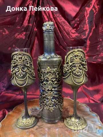 Сервиз за вино от 3 части в злато, ръчна изработка , снимка 4 - Сервизи - 48183867