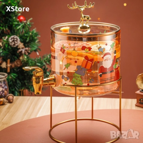 Стъклен диспенсър за напитки 2.6 L с коледен дизайн и златиста стойка, снимка 2 - Други стоки за дома - 52440284