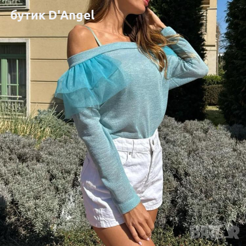 НАМАЛЕНА Блуза с голи рамене в цвят тюркоаз , снимка 6 - Блузи с дълъг ръкав и пуловери - 44911765
