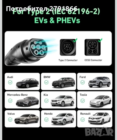 EVJUICION Зарядна станция за електрически автомобили тип 2 към BG щепсел16A,3.6kW,6M стойка за стена, снимка 8 - Аксесоари и консумативи - 52302811