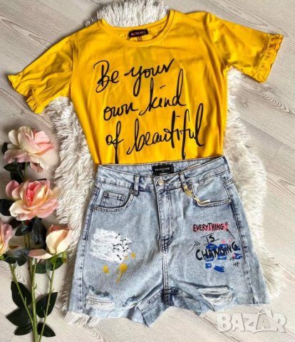 Дънки с накъсан ефект и надписи, снимка 7 - Дънки - 33369257