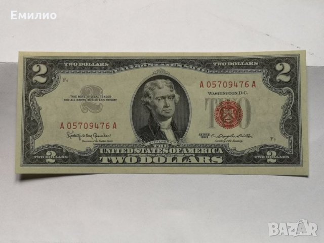 USA $ 2 Dollars Red Seal 1963 НЕЦИРКУЛИРАЛА , снимка 3 - Нумизматика и бонистика - 27441270