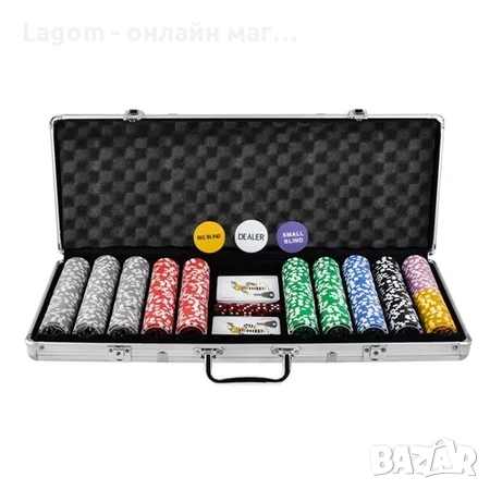 Премиум покер комплект Texas Holdem в алуминиев куфар, 500 казино чипа,  5 зара, зелено сукно, снимка 4 - Карти за игра - 52562335