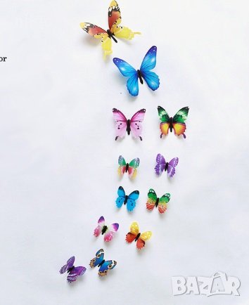 3D 12 бр pvc цветни самозалепващи пеперуди декорация за стена и мебел, снимка 3 - Други - 27922444