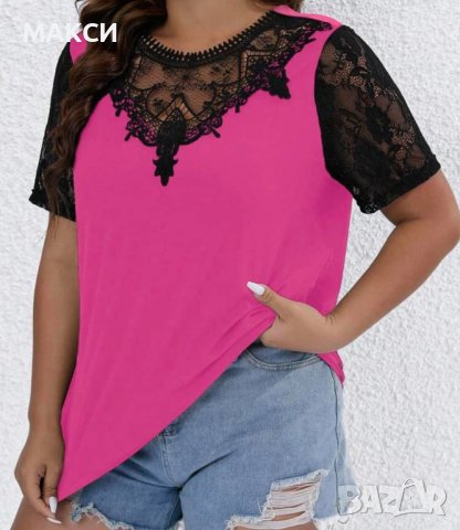 Красива блуза в цикламено с черна дантела, меко еластично трико, снимка 3 - Тениски - 43249353
