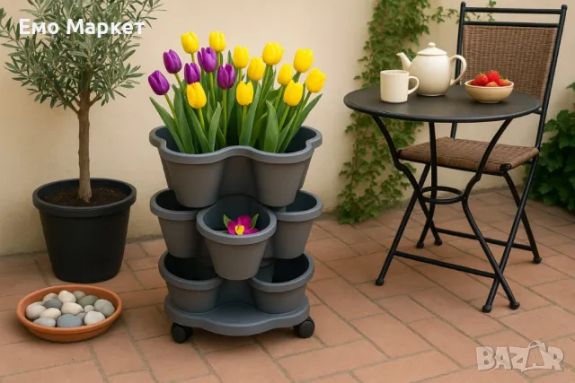 Многоетажна градинска кула с колела – модулен цветарник за дом и градина