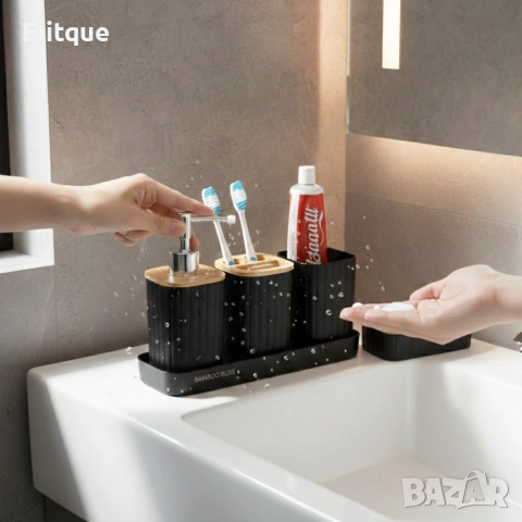 Комплект аксесоари за баня 5 части с табла Cheffinger – диспенсър, чаша, сапунерка , снимка 7 - Други стоки за дома - 53165659