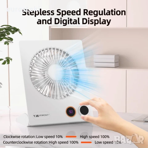 VEMONT USB настолен вентилатор с акумулаторна батерия 5000mAh, безшумен, сгъваем , снимка 3 - Вентилатори - 51253629