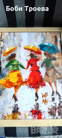 Ярки момичета с чадъри в дъждовен ден, 30 см.x 40 см Вертикална стенна декорация, снимка 3 - Картини - 51974843