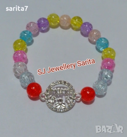 Цветна гривна Мама от стъклена напукана кракъл мъниста и акцент сребърен надпис МАМА , снимка 2 - Гривни - 53507783