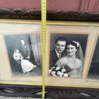 Антикварна дървена рамка с триптична сватбена снимка, снимка 3 - Антикварни и старинни предмети - 43998698