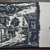 Картина "Село" на худ. Стефан Куцаров,туш на картон, снимка 3 - Антикварни и старинни предмети - 43732059