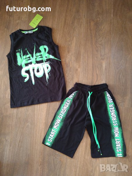 Къс спортен комплект за момче в черно и зелено., снимка 1