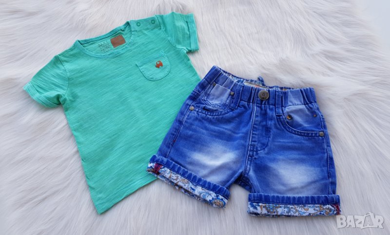 Къси дънкови панталони и тениска Next 6-12 месеца, снимка 1