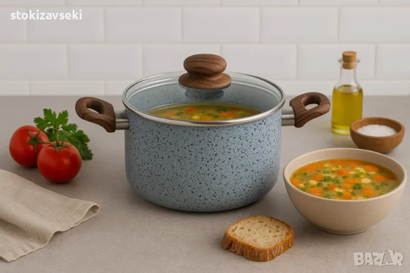 Тенджера Voltz Siena, Дълбока, Мраморно каменно керамично покритие, Светло сив, снимка 1