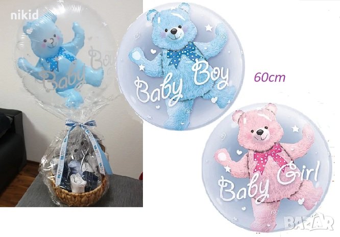 Прозрачен кръгъл балон вътре с мече фолио фолиев балон хелий въздух парти рожден ден кръщене бебе, снимка 1