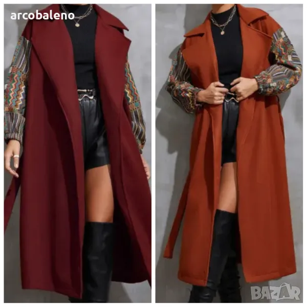 Дамско палто с дълга яка, пачуърк ръкави и връзка на талията отпред, 2цвята , снимка 1