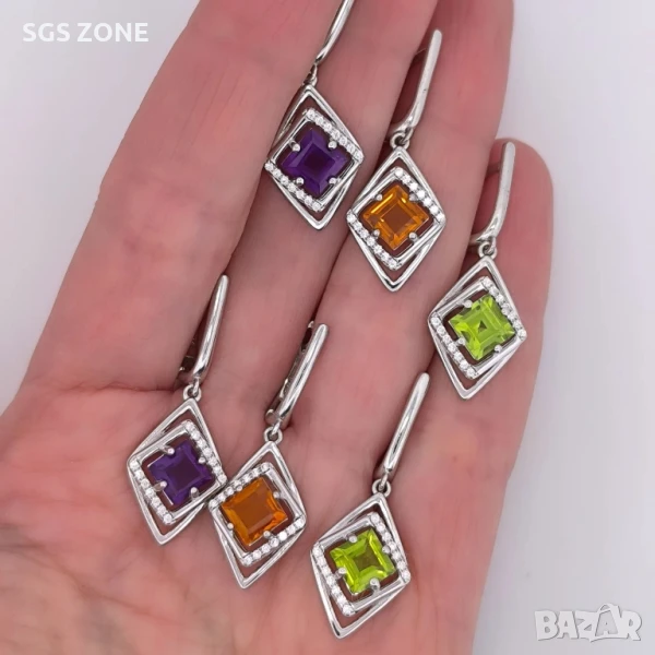 СРЕБЪРЕНИ ОБЕЦИ ОТ ТАЙЛАНД СЪС АМЕТИСТ ПЕРИДОТ ЦИТРИН, снимка 1