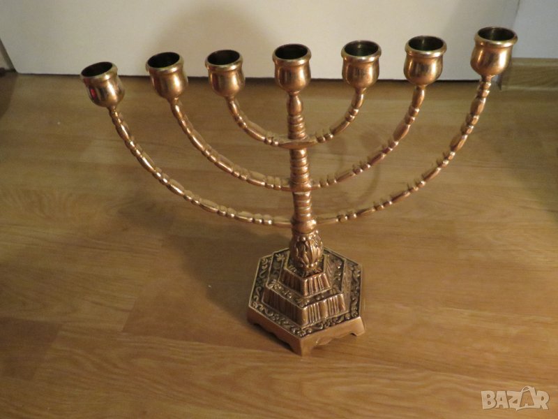 Голям бронзов свещник МЕНОРА  28х 29см. - еврейски седемсвещник - внос от Израел, Йерусалим, снимка 1