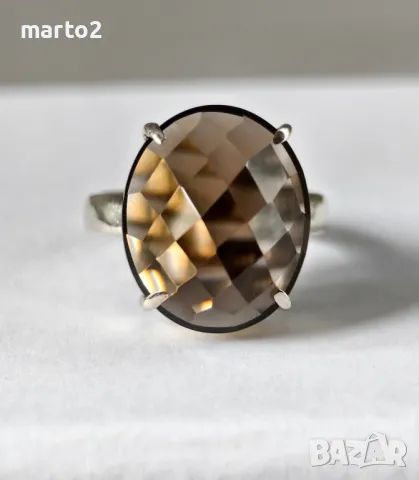 Сребърен 925 Пръстен с Голям Натурален Опушен Кварц!