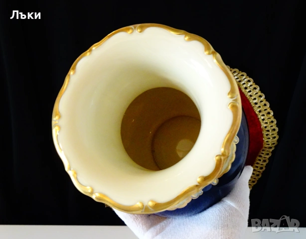 Порцеланова ваза,баварски порцелан Schumann,злато,кобалт.  , снимка 9 - Вази - 53404996