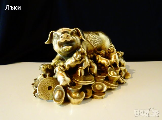 Бронзова статуетка Прасе с прасенца,злато,фън шуй 1.5 кг. , снимка 2 - Статуетки - 26225153